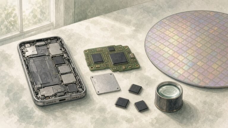 Painted still life of an opened smartphone and its mainboard with small memory chips, tweezers and a silicon wafer