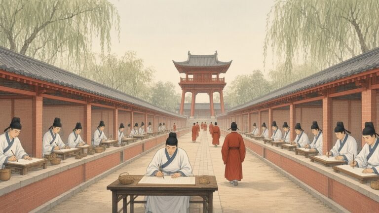 Painting of Song dynasty candidates writing in rows of examination cells in Kaifeng