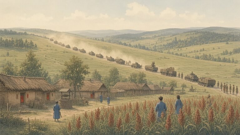 Painting of a Soviet tank column crossing Manchurian grassland past a village in August 1945