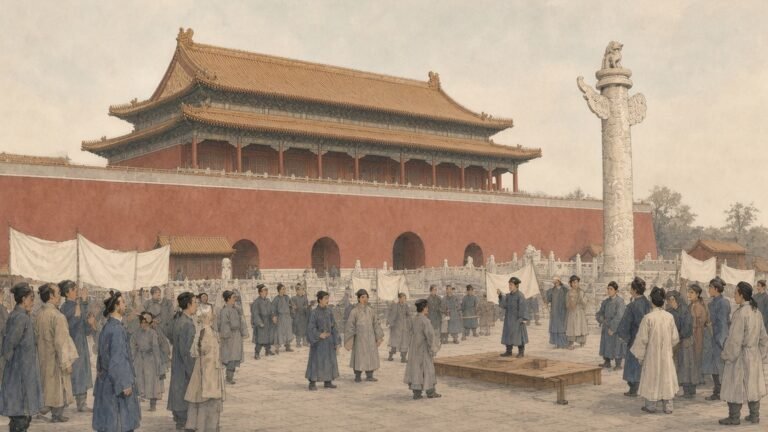 Painting of students with white banners gathering before the vermilion Tiananmen gate on 4 May 1919