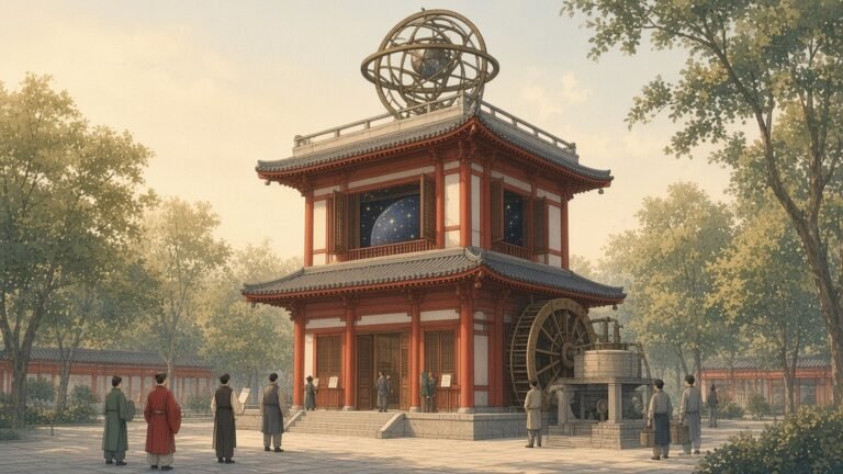 Painting of Su Song's water-driven astronomical clock tower with its armillary sphere in Kaifeng, 1092