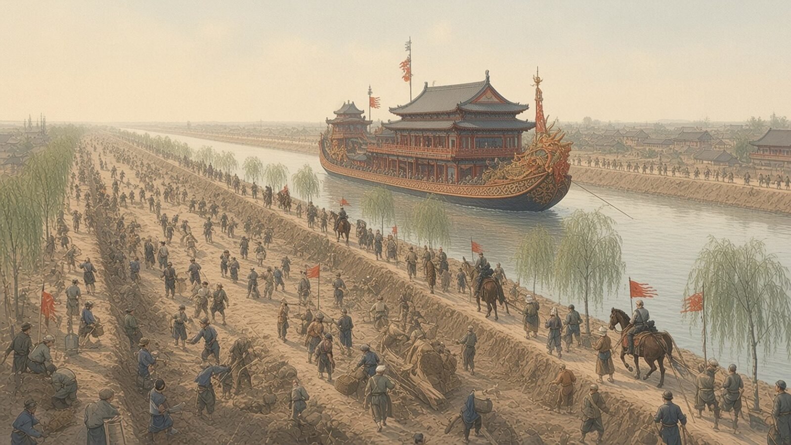 Painting of labourers digging the Sui Grand Canal as an imperial dragon boat is hauled along it