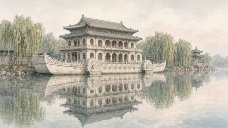Painted illustration of the white Marble Boat with its two-storey pavilion at the Summer Palace in Beijing, reflected in Kunming Lake