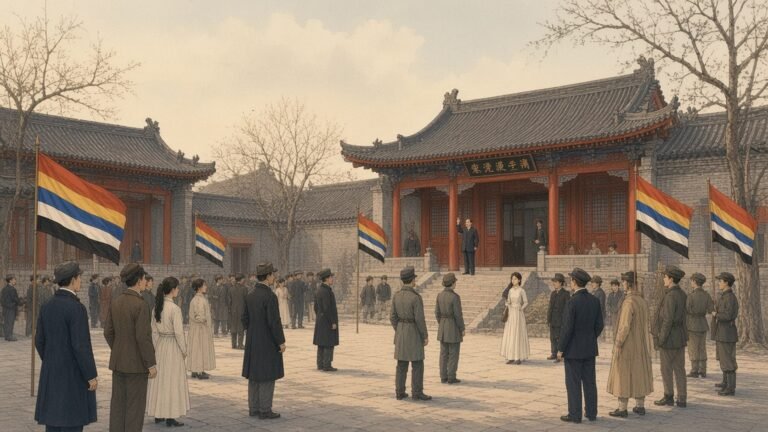 Painting of Sun Yat-sen taking office as provisional president in a Nanjing courtyard hung with five-coloured flags in 1912
