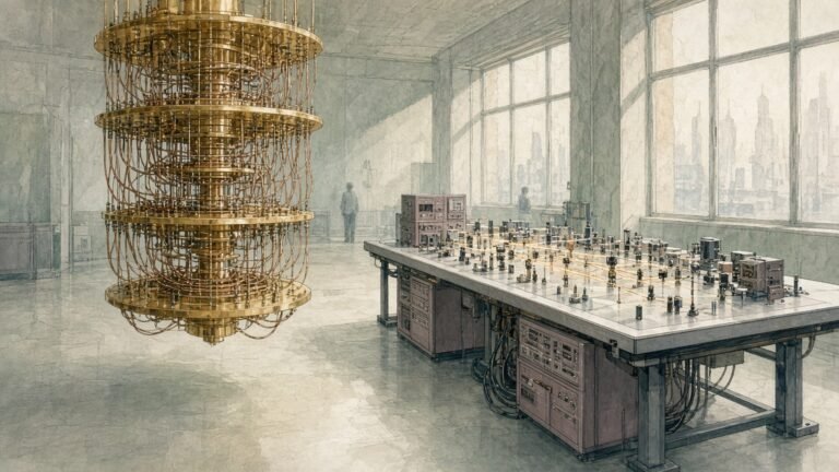 Painted illustration of a Hefei quantum lab with a gold-plated superconducting dilution refrigerator beside an optical table for a photonic quantum machine