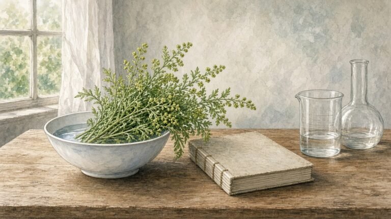 Painted illustration of fresh sweet wormwood steeping in a porcelain bowl of cold water beside an old book and laboratory glassware