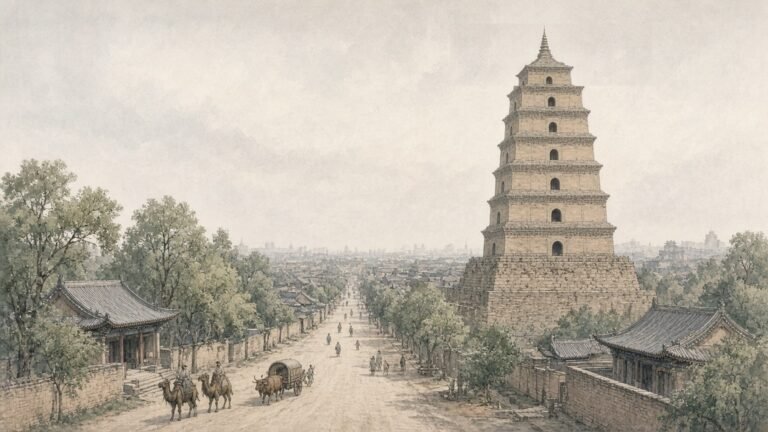Painted illustration of Tang-dynasty Chang'an at dawn, with the seven-storey Giant Wild Goose Pagoda rising over temple roofs and walled wards