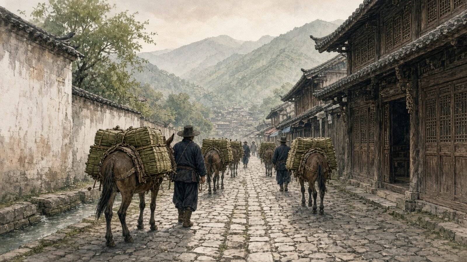 Painted illustration of a mule caravan carrying tea bricks along a cobbled lane of timber houses in the Tea Horse Road town of Shaxi