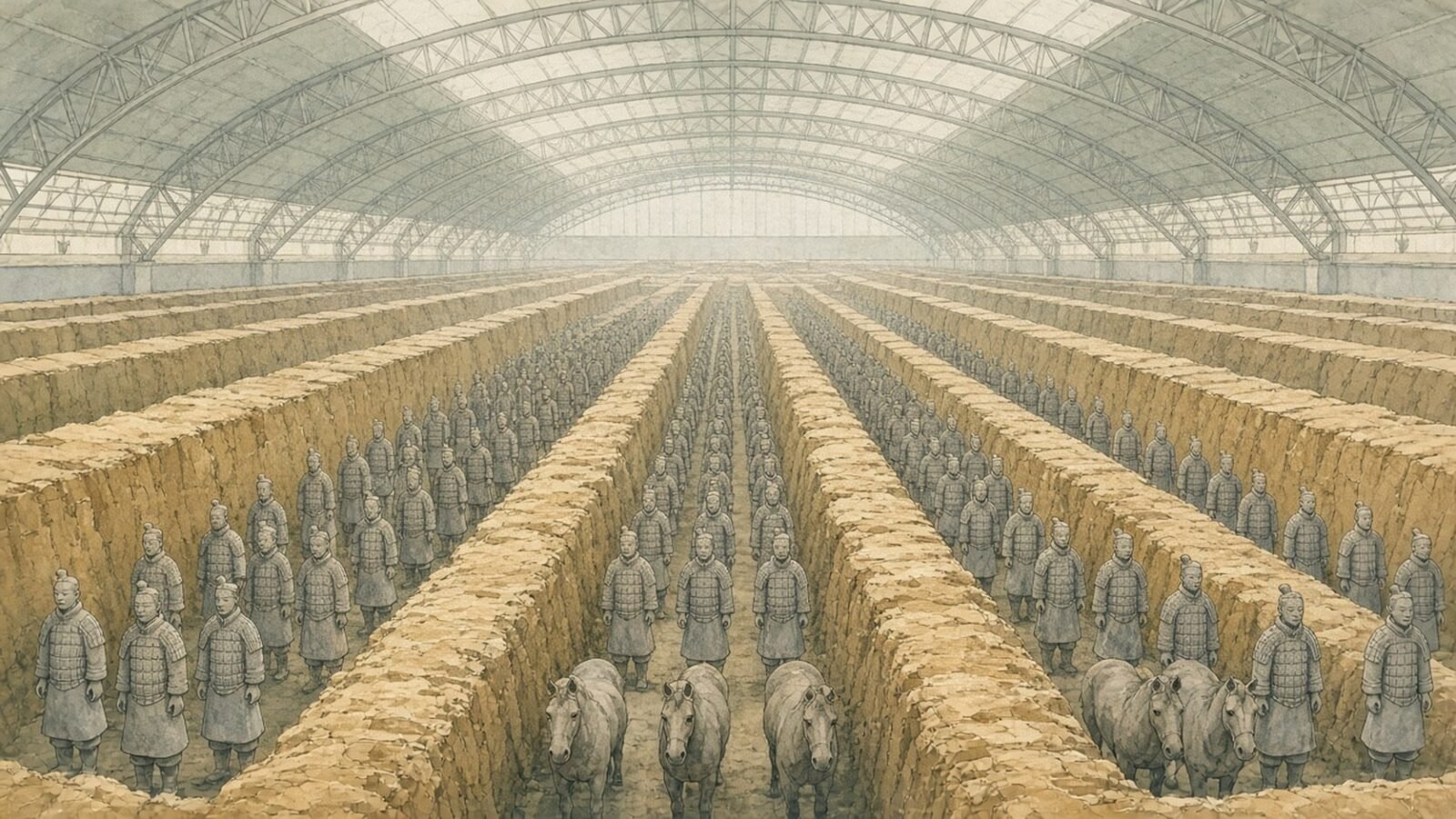 Painted illustration of Pit 1 of the Terracotta Army near Xi'an, ranks of grey clay soldiers standing in long earthen corridors under an arched hall roof