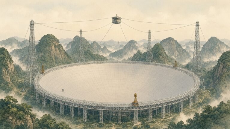 Painting of the FAST radio telescope dish with its cable-suspended receiver among misty karst hills in Guizhou