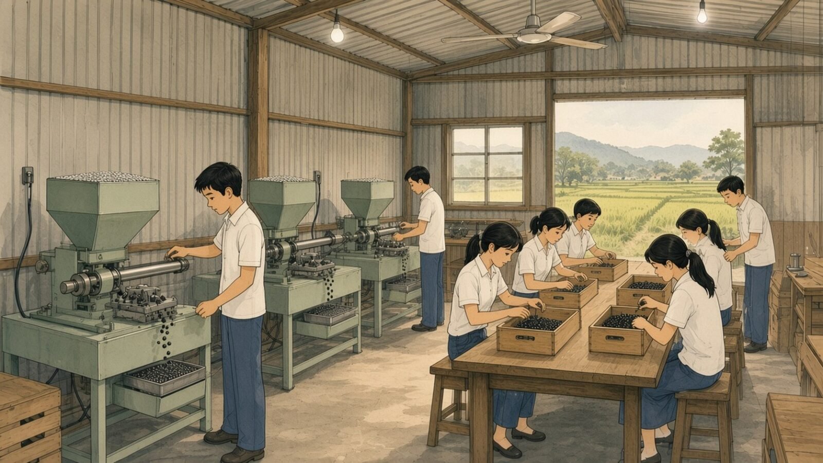 Painting of young workers at plastic injection moulding machines and a sorting table in a small shed in Tucheng in 1974