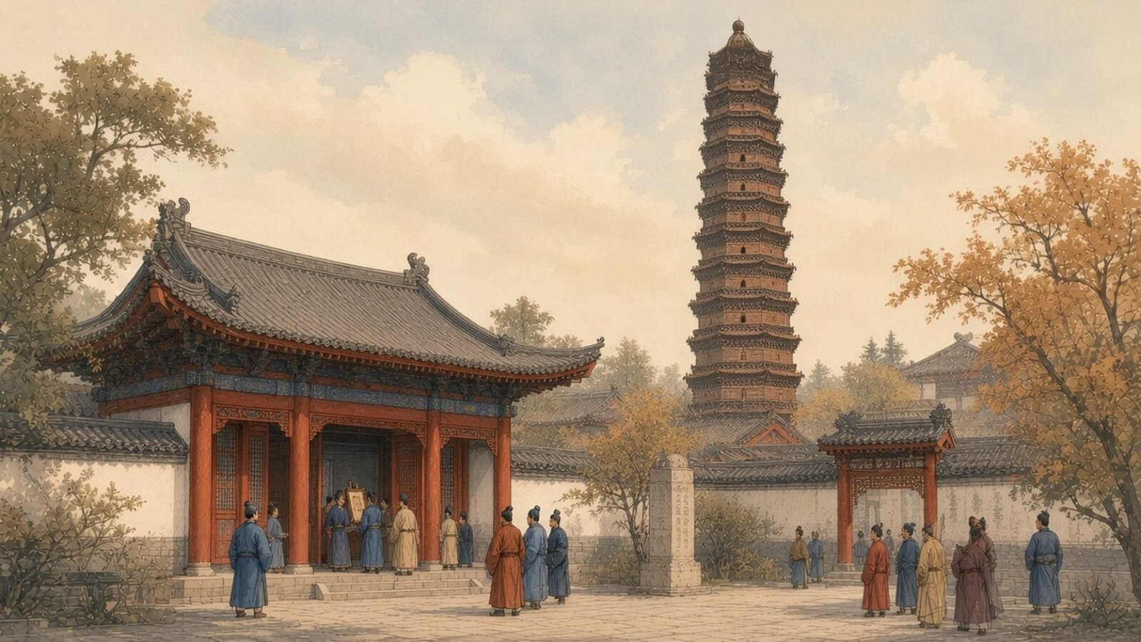 Painting of Kaifeng Jews gathering at a Chinese-style synagogue with the Iron Pagoda rising beyond