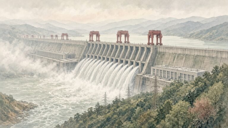 Painted illustration of the Three Gorges Dam releasing white jets of water from its spillway on a misty morning