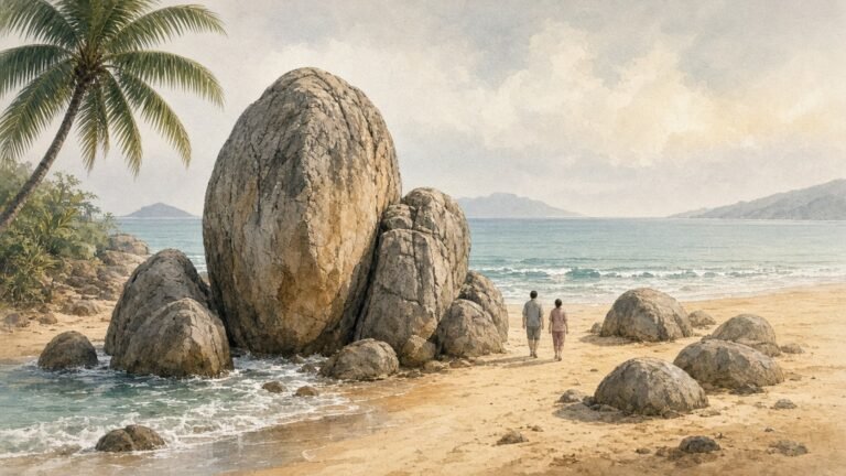 Painted illustration of the giant tan granite boulders on the golden beach at Tianya Haijiao near Sanya, Hainan, with small figures and a leaning palm