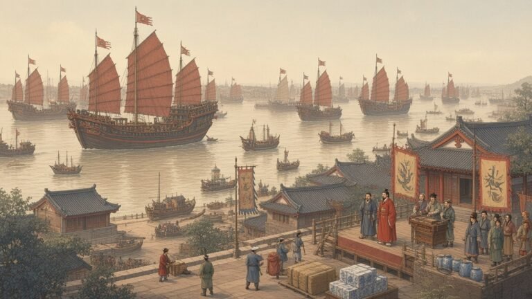 Painting of the Ming treasure fleet assembling on the Yangtze at Liujiagang in 1405