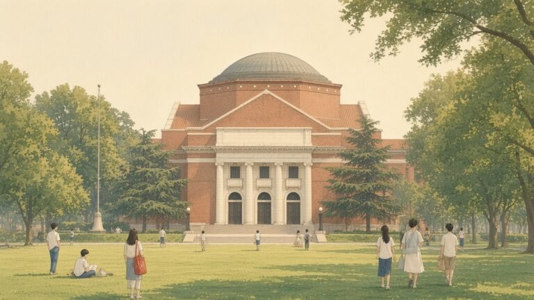 Painting of the domed red-brick Grand Auditorium of Tsinghua University across its lawn with students