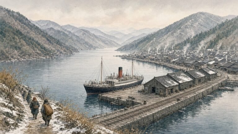 Painted illustration of Tsuruga harbour in 1940, a steamer at a stone quay in a calm bay ringed by forested mountains
