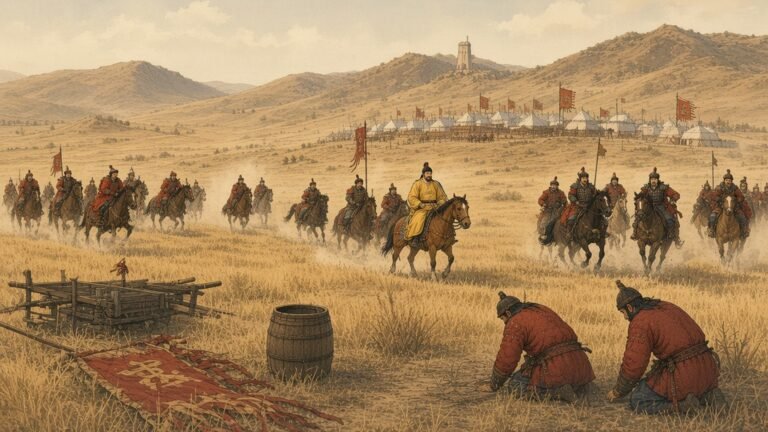 Painting of Oirat horsemen riding away with the captured Ming emperor across the plain at Tumu in 1449