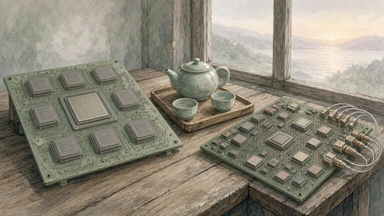 Painted still life of two different AI accelerator boards on a wooden bench with a celadon teapot between them