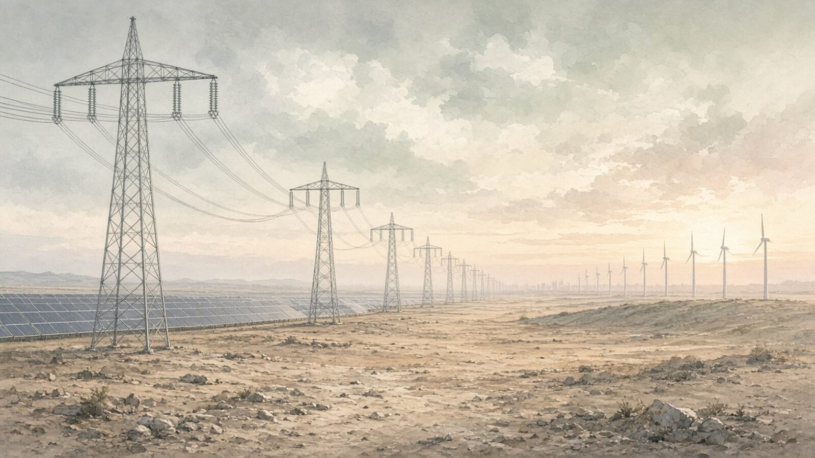 Painted illustration of giant ultra-high-voltage pylons crossing the desert at dawn beside solar panels and wind turbines