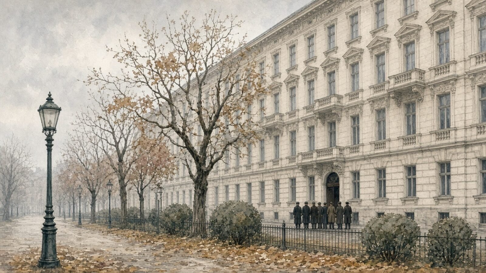 Painted illustration of a cream-white apartment block on Beethovenplatz in Vienna in 1938, with a small queue waiting at its doorway