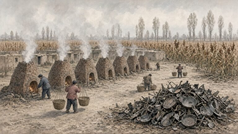 Painted illustration of backyard furnaces smoking in a north China village yard in 1958, an unharvested field behind