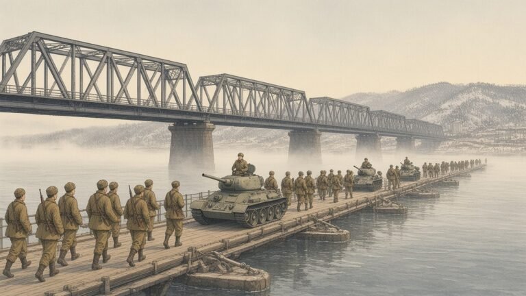 Painting of Chinese volunteers and T-34 tanks crossing a pontoon beside the Yalu River bridge in winter 1950