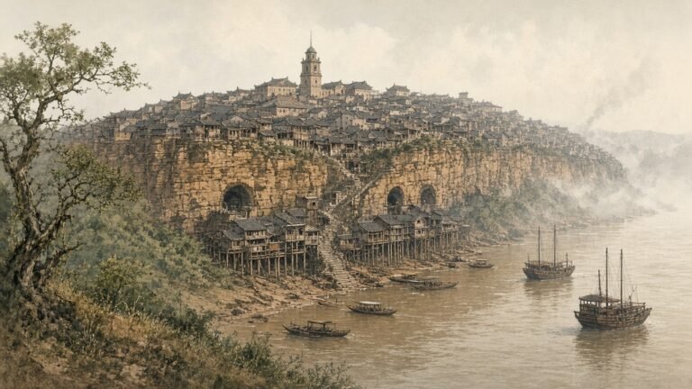 Painted illustration of wartime Chongqing around 1940, its dense city on sandstone cliffs above the Yangtze with stilt houses, stone stairways, air-raid tunnels and moored junks