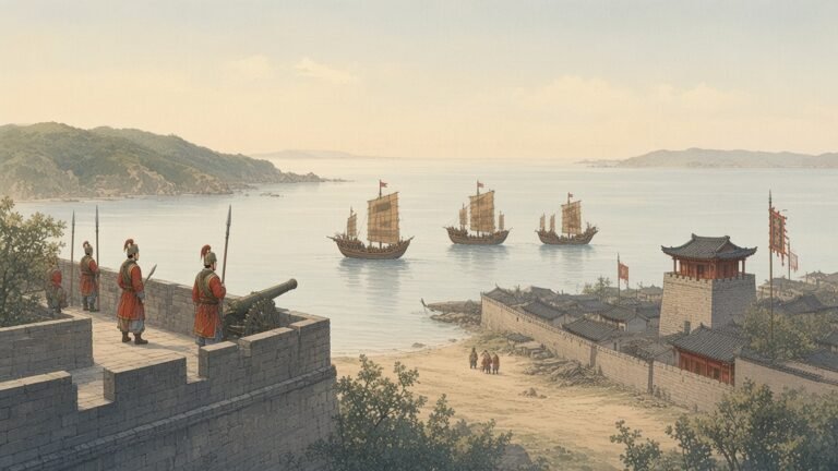 Painting of a Ming coastal fort with soldiers and a cannon watching junks off the Zhejiang coast in morning haze