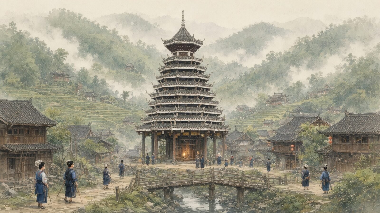 Painting of a many-tiered Dong drum tower and wooden houses in a misty hill village in Guizhou