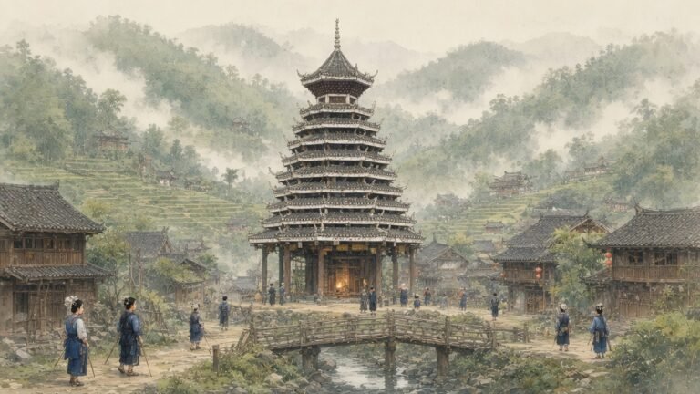 Painting of a many-tiered Dong drum tower and wooden houses in a misty hill village in Guizhou