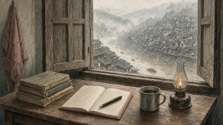 Painted illustration of a writer's desk with a red notebook and old Chinese books by a window over foggy wartime Chongqing