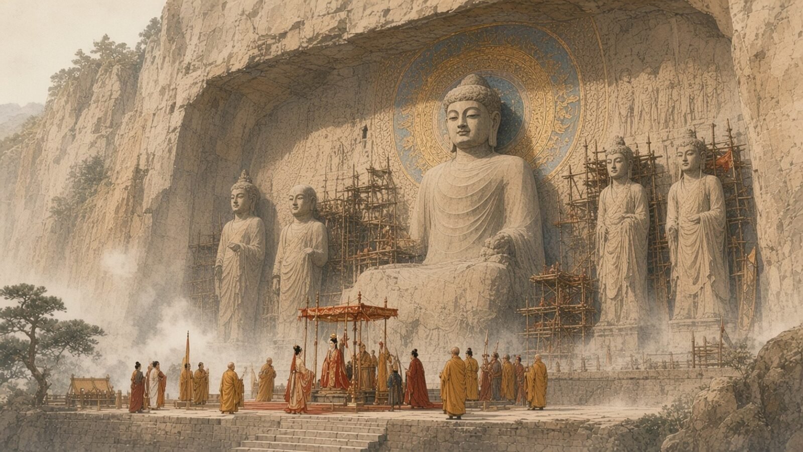 Painting of Empress Wu Zetian and monks at the consecration of the colossal Vairocana Buddha at Longmen