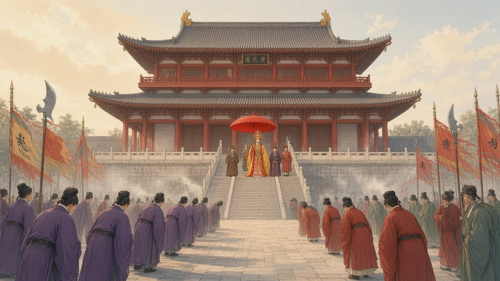 Painting of Wu Zetian under a red parasol before a great hall as officials bow in Luoyang in 690