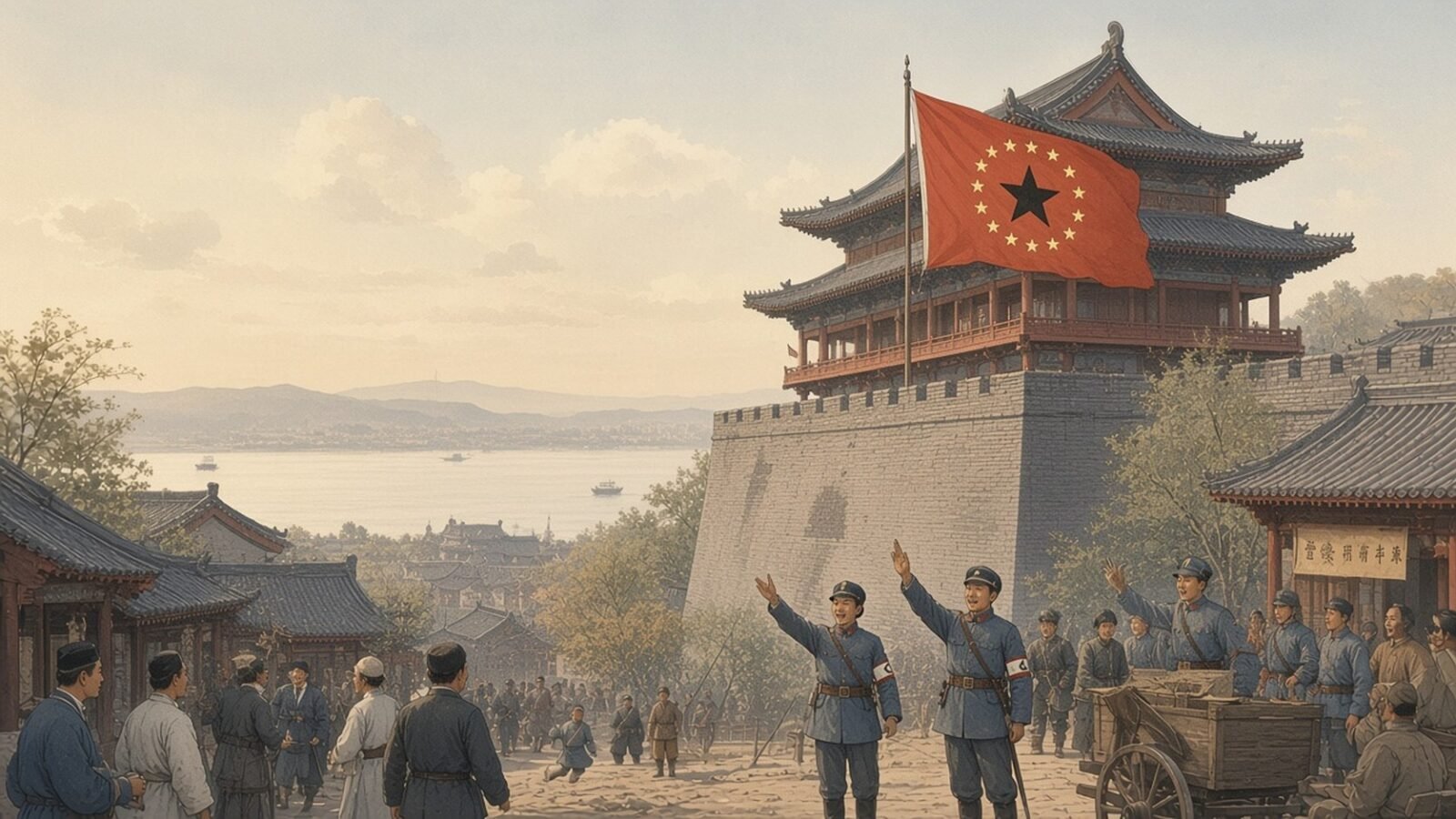 Painting of revolutionary soldiers cheering as the eighteen-star flag is raised over a Wuchang gate in 1911
