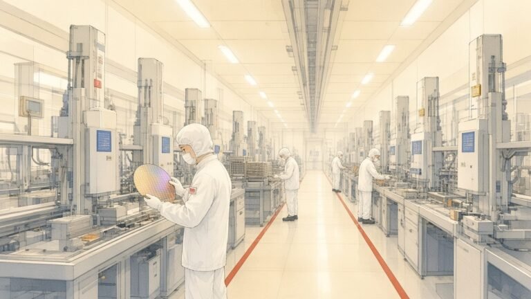Painting of a cleanroom technician holding a silicon wafer in a memory chip fab