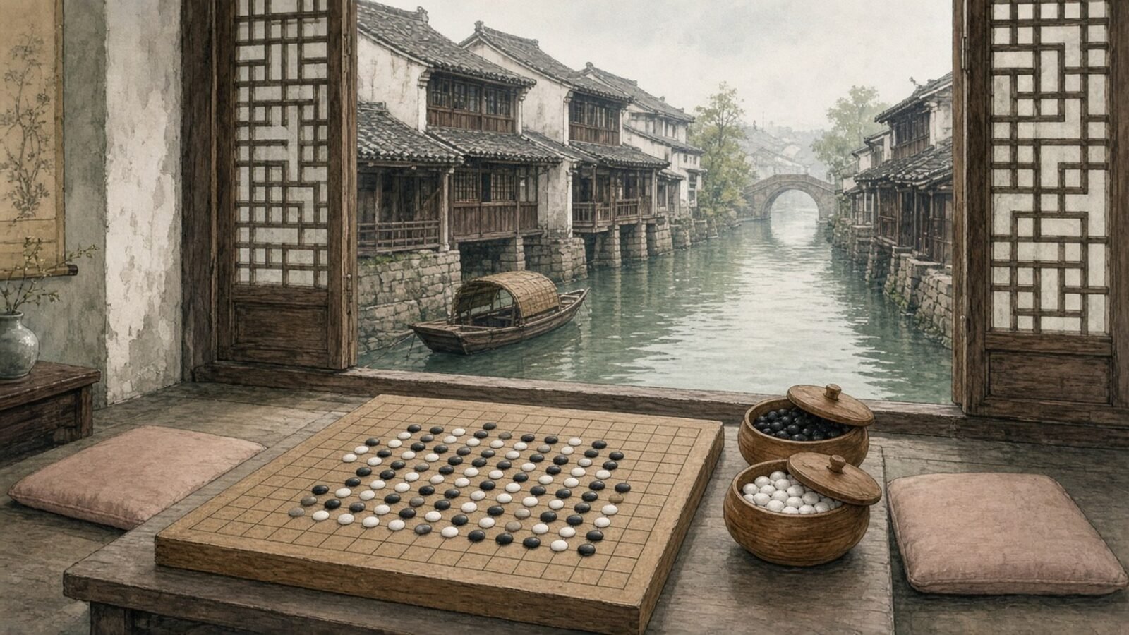 Painted illustration of a Go game in progress on a wooden board by a window overlooking a canal of timber houses in Wuzhen