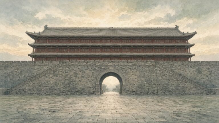 Painted illustration of the grey-brick Ming city wall of Xi'an at dawn, with the long timber arrow tower standing above its arched gateway