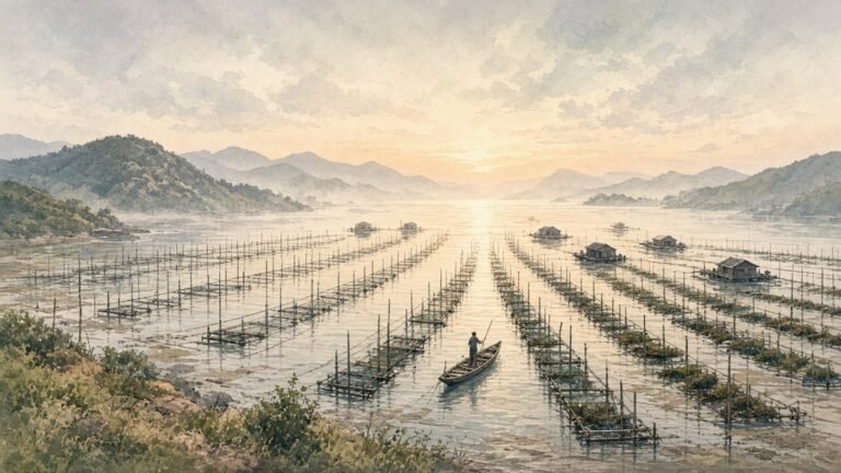 Painted illustration of rows of bamboo poles and fish-farm rafts in the tidal bays of Xiapu, Fujian, at sunrise