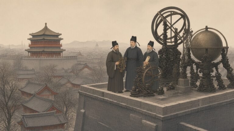 Painting of Xu Guangqi and Jesuit astronomers among bronze instruments on the Beijing Ancient Observatory platform