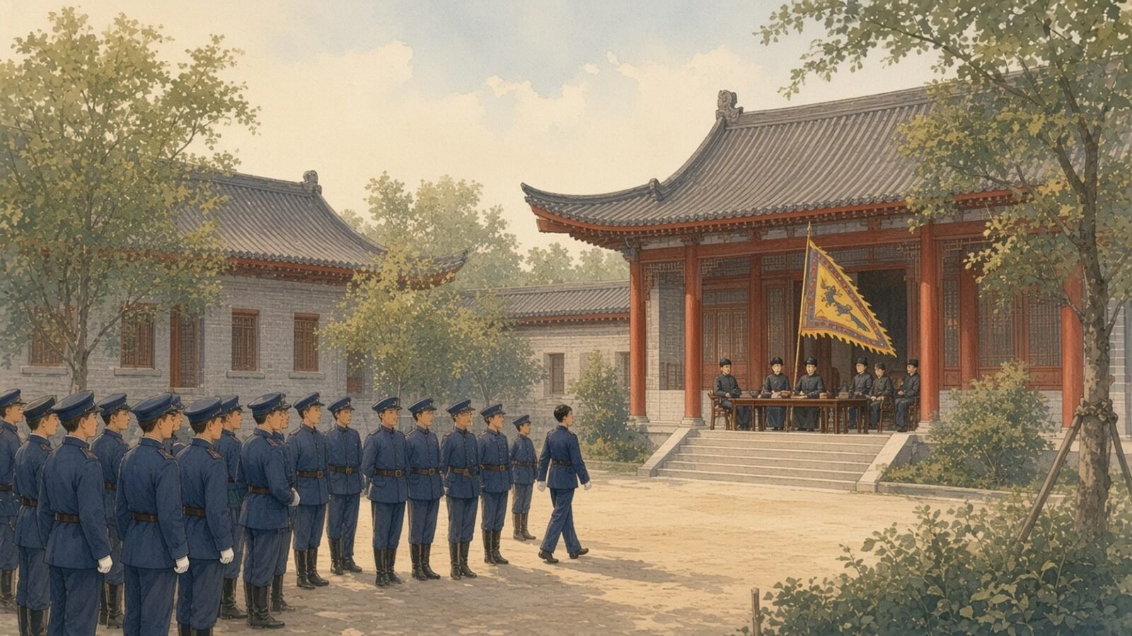 Painting of police cadets on parade before Qing officials at the Anqing police academy in 1907
