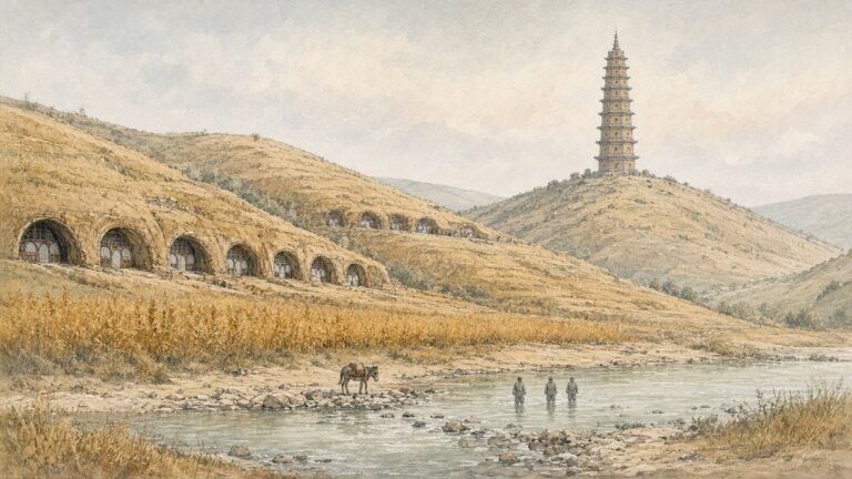 Painted illustration of Yan'an in the 1940s, with the nine-storey pagoda on a loess hill above cave dwellings and the Yan River