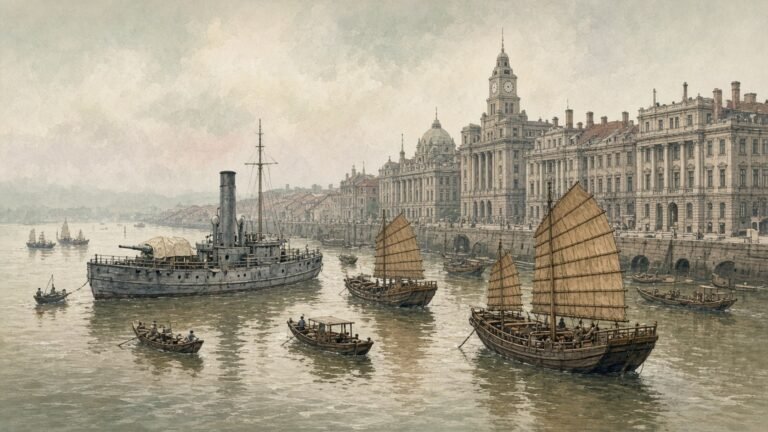 Painted illustration of a grey foreign gunboat anchored off a Yangtze treaty-port bund in the 1920s among junks and sampans