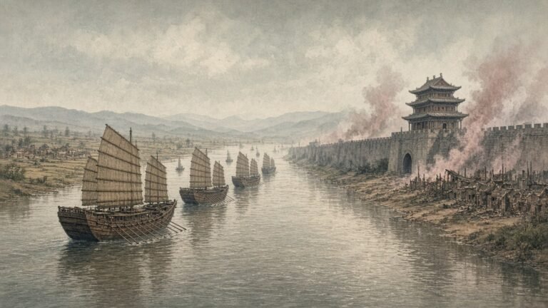 Painted illustration of Qing war junks on the Yangtze off a walled city with smoke rising during the Taiping war