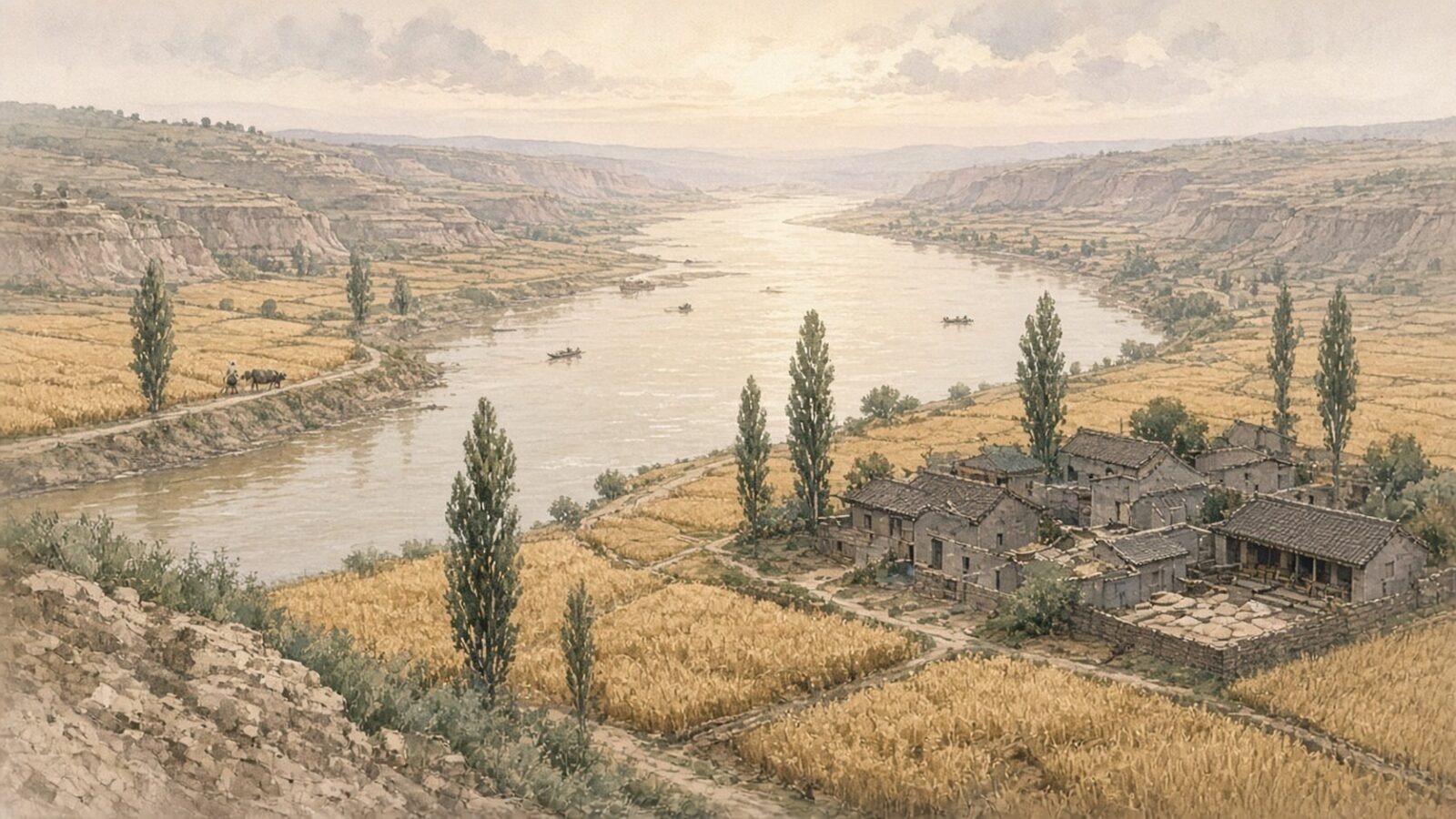 Painted illustration of wheat fields, a small courtyard village and the broad brown Yellow River at dawn on the central plain