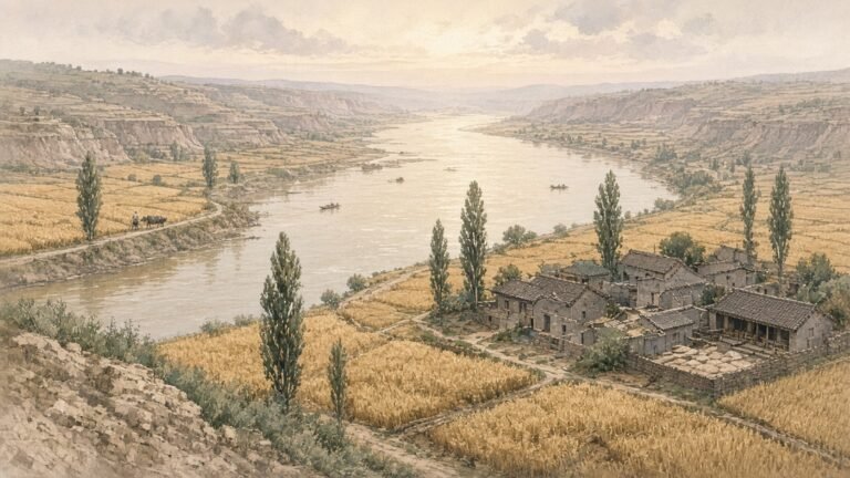 Painted illustration of wheat fields, a small courtyard village and the broad brown Yellow River at dawn on the central plain