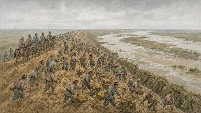 Painted illustration of labourers repairing a Yellow River levee in 1351, some wearing red headbands, under a grey sky