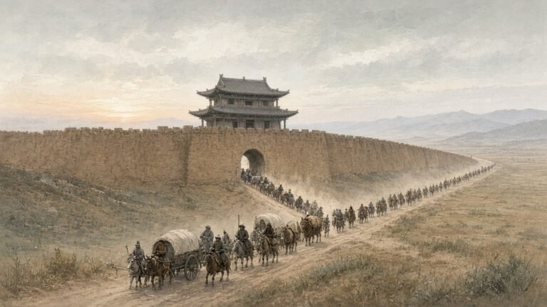 Painted illustration of the Yuan court's carts and horsemen leaving the earth walls of Dadu at dawn in 1368