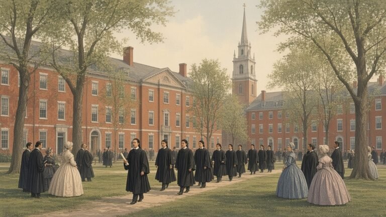 Painting of Yung Wing walking with fellow graduates in black gowns across the Yale College yard in 1854