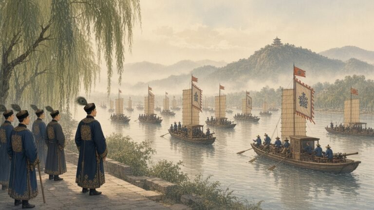 Painting of Zeng Guofan and officers reviewing Xiang Army war boats on the Xiang River